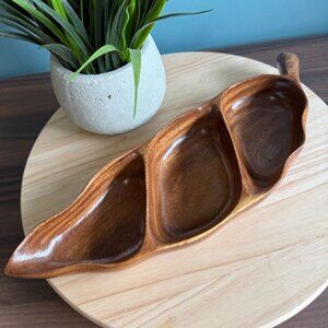 Handcrafted Leaf-Shaped Wooden Serving Tray 3-Compartments 16" Long Decorative T